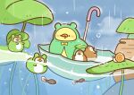  :3 :d absurdres animal_focus bird chick commentary_request eurasian_tree_sparrow fantasy floating foodieg frog highres leaf log no_humans open_mouth original rain raincoat scenery smile snail sparrow tadpole umbrella underwater water_drop 