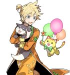  1boy absurdres baggy_pants balloon bangs blonde_hair bow bowtie clothing_cutout collared_jacket eyebrows_visible_through_hair green_bow green_bowtie green_eyes green_theme happy headset hgi66r8 high_ponytail highres holding holding_stuffed_toy holding_wand jacket kagamine_len limited_palette looking_down male_focus open_mouth orange_jacket orange_pants orange_theme pants project_sekai shiny shiny_hair short_ponytail simple_background slit_pupils smile star_cutout star_wand striped striped_pants stuffed_animal stuffed_cat stuffed_dog stuffed_toy tailcoat teeth tsurime upper_teeth vertical-striped_pants vertical_stripes vocaloid wand white_background yellow_theme 