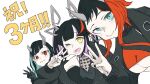  3girls bangs black_gloves black_hair black_jacket black_nails black_shirt black_sports_bra blue_eyes blue_hair blunt_bangs breasts closed_mouth commentary_request demon_girl demon_horns ear_chain eyebrows_visible_through_hair fang fang_out gin_(tttetu123) gloves heart heart_print highres horns jacket jewelry kojo_anna large_breasts long_hair long_sleeves looking_at_viewer medium_breasts multicolored_hair multiple_girls nail_polish open_clothes open_jacket open_mouth pointy_ears purple_hair red_eyes red_sports_bra redhead ring ryugasaki_rene see-through_shirt shirt shishio_chris short_hair simple_background skin_fang sleeveless sleeveless_shirt smile sports_bra sugar_lyric two-tone_hair under_boob upper_body virtual_youtuber w white_background yellow_eyes 