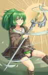  1girl :d ahoge bangs belt black_skirt collarbone duel_monster eyebrows_visible_through_hair fingernails green_eyes green_hair hair_between_eyes hair_ribbon highres holding holding_staff hooded_robe light_blush long_hair magic_circle open_clothes open_mouth open_robe ponytail ribbon robe rook_(pixiv45177086) shirt skirt smile staff white_shirt wynn yu-gi-oh! yuu-gi-ou 