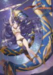  1girl anklet armlet barefoot black_hair breasts detached_sleeves earrings fate/grand_order fate_(series) flying heavenly_boat_maanna highres hoop_earrings ishtar_(fate) jewelry long_legs navel open_mouth red_eyes single_detached_sleeve single_thighhigh small_breasts smile solo thigh-highs 