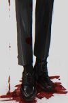 1boy absurdres black_footwear black_legwear black_pants bleeding blood blood_splatter chinese_commentary chromatic_aberration commentary_request cstj77 grey_background highres klein_moretti lord_of_the_mysteries out_of_frame pants simple_background solo 