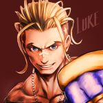  1boy blonde_hair blue_eyes buzz_cut character_name collarbone commentary english_commentary grin hair_slicked_back highres jewelry kuroneco looking_at_viewer luke_sullivan male_focus mixed-language_commentary necklace nose_tape portrait red_background short_hair signature simple_background smile solo star_(symbol) street_fighter street_fighter_v very_short_hair 