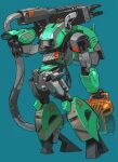  blue_background blue_eyes cable gun holding holding_gun holding_weapon leaning_back looking_back makitagenia mecha no_humans original science_fiction solo standing weapon 