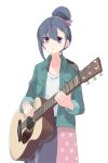  1girl blue_hair guitar hair_bun holding holding_instrument instrument jacket shima_rin shiroshi_(denpa_eshidan) solo violet_eyes white_background yurucamp 