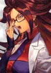 1girl adjusting_eyewear android_21 blue_eyes brown_hair checkered_clothes checkered_dress dragon_ball dragon_ball_fighterz dress earrings glasses hankuri hoop_earrings jewelry labcoat long_hair looking_at_viewer open_mouth profile ring solo upper_body 