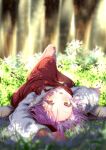  1girl alternate_eye_color bangs besuteia bird_wings blurry blurry_background blush breasts bush commentary_request day dress earrings eyelashes feathered_wings grass head_wings highres jewelry long_sleeves looking_at_viewer lying medium_breasts mystia_lorelei on_back on_ground open_mouth outdoors pink_hair purple_dress short_hair single_earring solo sunlight touhou tree white_sleeves wings yellow_eyes 