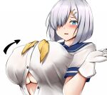  1girl blue_eyes blush breasts gloves hair_ornament hair_over_one_eye hairclip hamakaze_(kancolle) kantai_collection large_breasts looking_at_viewer open_clothes open_shirt parted_lips school_uniform serafuku short_hair short_sleeves silver_hair simple_background solo sweatdrop terakoya under_boob white_background white_gloves 