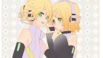  1boy 1girl bangs bare_shoulders black_sleeves blonde_hair choker d_futagosaikyou detached_sleeves dot_mouth forehead-to-forehead green_eyes hair_ornament hairclip hand_up headphones heads_together high_collar kagamine_len kagamine_len_(append) kagamine_rin kagamine_rin_(append) looking_at_viewer open_mouth shirt short_hair short_ponytail sideways_glance sleeveless sleeveless_shirt smile swept_bangs upper_body vocaloid vocaloid_(tda-type_ver) vocaloid_append 