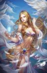  1girl absurdly_long_hair aphrodite blonde_hair clouds crystal falling_feathers feathered_wings feathers greek_mythology jjlovely long_hair looking_at_viewer sky solo tagme very_long_hair wings 
