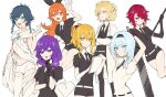 2boys 5girls albedo_(genshin_impact) amber_(genshin_impact) androgynous arms_behind_head arms_up bangs belt black_gloves black_hair black_jacket black_necktie black_neckwear black_shorts blonde_hair blue_eyes blue_hair bow braid collared_shirt colored_eyelashes commentary crossed_arms crystal_hair elbow_gloves english_commentary eula_(genshin_impact) eyebrows_visible_through_hair fluffynyans frilled_gloves frills gem_uniform_(houseki_no_kuni) genshin_impact gloves gradient_hair green_eyes green_nails hair_bow hair_over_one_eye highres holding holding_paper holding_weapon houseki_no_kuni jacket jean_(genshin_impact) lisa_(genshin_impact) long_hair looking_at_viewer multicolored_hair multiple_boys multiple_girls navel necktie one_eye_covered orange_eyes orange_hair paper ponytail puffy_short_sleeves puffy_sleeves purple_hair red_eyes redhead ribbon robe rosaria_(genshin_impact) saw shirt short_hair short_hair_with_long_locks short_shorts short_sleeves shorts side_braids sidelocks simple_background single_thighhigh smile sparkle thigh-highs twin_braids venti_(genshin_impact) violet_eyes weapon white_background white_gloves white_jacket white_shirt yellow_eyes 