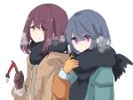 2girls blue_hair breath brown_hair gloves green_eyes jacket key medium_hair multiple_girls scarf shima_rin shiroshi_(denpa_eshidan) smile toki_ayano violet_eyes white_background yellow_eyes yurucamp