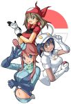  3girls adjusting_clothes adjusting_gloves aether_foundation_employee bangs black_hair blush breasts cabbie_hat cropped_torso dark-skinned_female dark_skin eyebrows_visible_through_hair gloves hat highres large_breasts looking_at_viewer may_(pokemon) midriff multiple_girls navel open_mouth pokemon short_hair short_sleeves skyla_(pokemon) smile tanbe tank_top upper_body white_gloves white_headwear 