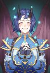  1girl ^_^ armor arueshalae bangs black_gloves blue_background blue_hair blush bug butterfly closed_eyes crying demon_girl demon_horns demon_wings facing_viewer fingerless_gloves gloves grin happy_tears highres horns maiucal own_hands_together pathfinder short_hair smile solo tears upper_body wings 