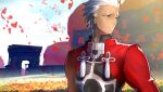  1boy archer_(fate) closed_mouth cropped_jacket dark-skinned_male dark_skin fate/extella fate/extra fate/stay_night fate_(series) grey_eyes highres jacket long_sleeves looking_to_the_side non-web_source official_art photoshop_(medium) red_jacket ruins silver_hair solo spiky_hair standing wada_arco white_hair 