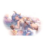  2girls alpha_transparency animal_ears bangs blue_hair blush bow breasts catura_(granblue_fantasy) cow cow_ears djeeta_(granblue_fantasy) draph eyebrows_visible_through_hair gauntlets gradient_hair granblue_fantasy hair_bow hand_on_own_chest horns large_breasts long_hair looking_at_viewer lying minaba_hideo multicolored_hair multiple_girls official_art on_back parted_lips pointy_ears purple_hair shorts simple_background smile solo strap_slip transparent_background two-tone_hair whispering 