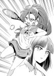  2girls ball commentary_request eyelashes highres long_hair looking_at_viewer monochrome multiple_girls open_mouth ponytail precure racket serious sharumon shiratori_yuriko shirt short_hair shorts sketch skirt slam_dunk sportswear takizawa_asuka tennis tennis_ball tennis_racket tennis_uniform tropical-rouge!_precure 