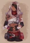  1girl abs absurdres au_ra avatar_(ffxiv) bandaged_arm bandages bandana belt breasts dark_skin eyepatch fang_necklace final_fantasy final_fantasy_xiv fingerless_gloves gloves grey_lips hair_over_shoulder highres horn_ornament horn_ring horns interlocked_fingers jewelry large_breasts lipstick long_hair lunie makeup midriff multiple_belts muscular muscular_female necklace plaid red_eyes scales silver_hair stomach tan 