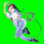  1girl alternate_costume bangs black_footwear black_hair blue_hair blush demon_girl demon_horns demon_tail denim flat_chest full_body gin_(tttetu123) glowstick grey_background highres holding_glowstick horns jeans long_hair looking_afar multicolored_hair open_mouth pants pointy_ears red_eyes shirt shishio_chris shoes simple_background smile sneakers solo sugar_lyric t-shirt tail teeth two-tone_hair virtual_youtuber white_shirt 