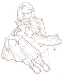  1boy 1girl bare_shoulders boots breasts brown_hair chest_jewel embers headpiece highres lap_pillow large_breasts linzi looking_at_another monochrome nintendo pyra_(xenoblade) redhead rex_(xenoblade) shirt short_hair sketch sleeping sleeping_on_person smile thigh-highs xenoblade_chronicles_(series) xenoblade_chronicles_2 