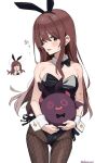 2girls animal_ears bad_id bad_twitter_id bangs black_legwear black_leotard blush bow bowtie breasts brown_eyes brown_hair closed_eyes cowboy_shot detached_collar fake_animal_ears frown head_tilt holding idolmaster idolmaster_shiny_colors leotard long_hair looking_at_viewer medium_breasts notice_lines oosaki_amana oosaki_tenka open_mouth pantyhose playboy_bunny rabbit_ears shisoneri simple_background standing strapless strapless_leotard sweatdrop translated twitter_username white_background wrist_cuffs