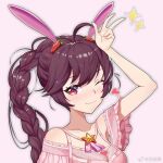  1girl animal_ears bai_lingyuan braid braided_ponytail brown_hair carrot douluo_dalu dress hair_ornament one_eye_closed pink_background pink_dress rabbit_ears smile v xiao_wu_(douluo_dalu) 