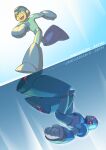 2boys anniversary artist_name clenched_hands copyright_name glowing helmet highres mega_man_(character) mega_man_(classic) mega_man_(series) mega_man_x_(character) mega_man_x_(series) multiple_boys open_mouth reflection serious smile tomycase 