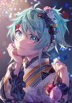  1boy aqua_eyes aqua_hair aqua_nails blurry blurry_background bokeh bow depth_of_field flower frilled_kimono frills hair_between_eyes hair_bow hair_flower hair_ornament hand_on_own_chin highres holding holostars japanese_clothes kagami_kira kimono looking_at_viewer male_focus night official_alternate_costume one_side_up otoko_no_ko smile solo striped striped_kimono tsukonin_p upper_body virtual_youtuber water_yoyo white_kimono yukata 