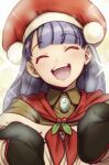  1girl aoba_(smartbeat) beret closed_eyes fate/grand_order fate_(series) hat highres long_hair martha_(fate) martha_(santa)_(fate) mittens open_mouth pom_pom_(clothes) purple_hair smile sparkle 