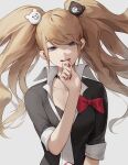  1girl absurdres bangs bear_hair_ornament black_shirt blonde_hair bow commentary_request cotta_(heleif) danganronpa:_trigger_happy_havoc danganronpa_(series) enoshima_junko eyebrows_visible_through_hair grey_background hair_ornament hand_to_own_mouth hand_up highres long_hair looking_at_viewer nail_polish open_mouth red_bow red_nails shirt short_sleeves simple_background solo teeth twintails upper_body upper_teeth 