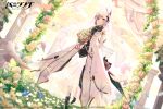  1girl bangs bare_shoulders bird blush breasts bridal_veil character_request closed_mouth elbow_gloves eyebrows eyebrows_visible_through_hair flower gloves hair_ornament highres holding holding_flower looking_at_viewer official_art pink_eyes punishing:_gray_raven rosuuri short_hair smile standing veil wedding white_gloves white_hair 