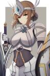  armor bodysuit boobplate breastplate breasts brown_eyes brown_hair chiyo_(pk19981234) duvalie eiyuu_densetsu feathers forehead_protector gem hair_bun highres long_bangs medium_breasts ribbon sen_no_kiseki shield sword weapon 