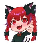  1girl animal_ears black_bow blush bow braid cat_ears cat_tail chibi dress extra_ears fang gesture green_dress hand_up kaenbyou_rin multiple_tails nekomata open_mouth recare red_eyes redhead shiny shiny_hair smile solo tail touhou twin_braids two_tails white_background 