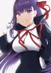  1girl bangs bb_(fate)_(all) bb_(fate/extra_ccc) black_coat black_skirt breasts coat fate/extra fate/extra_ccc fate_(series) gloves hair_ribbon high-waist_skirt highres holding holding_wand large_breasts leotard long_hair long_sleeves looking_at_viewer mukai_haruji neck_ribbon one_eye_closed open_clothes open_coat popped_collar purple_eyes purple_hair red_ribbon ribbon skirt smile very_long_hair wand white_gloves white_leotard wide_sleeves 