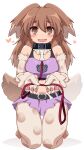 1girl :d absurdres animal_collar animal_ears animal_hands bare_shoulders belt blush body_fur breasts brown_eyes brown_hair collar commission dog_ears dog_girl dog_tail floppy_ears full_body hair_between_eyes happy heart highres holding holding_leash kasukenoura kneeling kobold_(monster_girl_encyclopedia) leash long_hair looking_at_viewer medium_breasts midriff miniskirt monster_girl monster_girl_encyclopedia multicolored_hair navel open_mouth pawpads purple_skirt purple_tank_top simple_background skirt smile solo tail tail_wagging tank_top thigh_gap white_background 