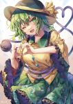  1girl ;d absurdres floral_print green_eyes green_hair hat heart heart_hands heart_of_string highres komeiji_koishi looking_at_viewer medium_hair one_eye_closed simple_background smile solo third_eye touhou white_background yoru_usagi 