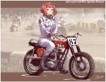  1girl absurdres alternate_costume ark_royal_(kancolle) bangs biker_clothes bikesuit blue_eyes blunt_bangs bob_cut bodysuit brown_gloves bsa_spitfire_hornet commentary_request fingerless_gloves full_body gloves goggles goggles_around_neck ground_vehicle hairband highres jumpsuit kantai_collection motor_vehicle motorcycle on_motorcycle redhead riding short_hair sitting solo thrux tiara white_jumpsuit 