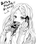 1girl asymmetrical_hair ayakashi_triangle blush braid cardigan cellphone commentary_request eyelashes hair_ornament hair_ribbon highres long_hair looking_at_viewer monochrome necktie phone ribbon ryopa simple_background single_braid sketch smartphone solo translation_request tsukioka_lucy v white_background 