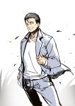  1boy ajishio black_hair collarbone copyright_request formal grey_jacket grey_pants grin highres jacket long_sleeves looking_at_viewer male_focus open_clothes open_jacket pants shirt smile solo standing suit thumbs_up white_background white_shirt 