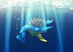  air_bubble black_eyes bubble closed_mouth commentary_request highres lapras light_rays looking_down no_humans pecohophop pokemon pokemon_(creature) smile solo underwater 