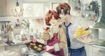  1boy 1girl :d apron artem_wing_(tears_of_themis) ayu_(auko2010) bangs blue_apron blue_eyes blue_necktie blue_pants brown_eyes brown_hair cookie food green_eyes highres holding holding_food holding_plate indoors kitchen long_hair necktie one_eye_closed open_mouth pancake pants pink_apron plate polo_shirt rosa_(tears_of_themis) shirt short_hair sink sleeves_rolled_up smile table tears_of_themis twintails white_shirt window yellow_shirt 