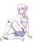  1girl :t ajishio bangs bare_arms bare_shoulders barefoot blush camisole closed_mouth collarbone criss-cross_halter eyebrows_visible_through_hair grey_pants hair_between_eyes halterneck highres knee_up long_hair looking_away pants pout purple_camisole purple_hair simple_background single_hair_intake solo sweat violet_eyes vocaloid voiceroid white_background yuzuki_yukari 