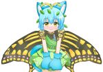 1girl animal_ears animal_hands antennae aqua_hair blush butterfly_wings cat_ears cat_paws cat_tail closed_mouth coruthi dress eternity_larva fairy fake_animal_ears green_dress leaf leaf_on_head multicolored_clothes multicolored_dress short_hair simple_background single_strap solo tail touhou wavy_mouth white_background wings yellow_eyes 