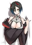  1girl absurdres arm_under_breasts artist_name azur_lane bare_shoulders black_hair black_jacket black_nails breasts cleavage_cutout clothing_cutout collarbone cross highres horns iron_cross jacket large_breasts long_sleeves looking_at_viewer off_shoulder open_clothes open_jacket short_hair sketch solo ulrich_von_hutten_(azur_lane) unique_(pixiv12704744) upper_body wide_sleeves yellow_eyes 