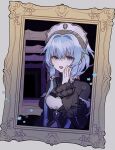  1girl blue_eyes blue_hair boyano different_reflection framed hand_up hat low_twintails magia_record:_mahou_shoujo_madoka_magica_gaiden magical_girl mahou_shoujo_madoka_magica mirror reflection sena_mikoto smile solo twintails 