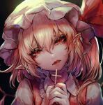  1girl bangs black_background blonde_hair closed_mouth cross crying crystal eyebrows_visible_through_hair fang fangs flandre_scarlet hair_between_eyes hands_up head_tilt jewelry kyogoku-uru looking_at_viewer pointy_ears red_eyes short_hair simple_background solo tears touhou upper_body wings 