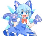  1girl animal_ears animal_hands blue_bow blue_dress blue_eyes blue_hair blush bow cat_ears cat_paws cat_tail cirno collared_shirt coruthi dress eyebrows_visible_through_hair fairy fake_animal_ears hair_between_eyes hair_bow ice ice_wings open_mouth puffy_short_sleeves puffy_sleeves shirt short_hair short_sleeves simple_background smile solo tail touhou white_background white_shirt wings 