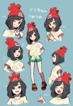  1girl arms_behind_back beanie black_hair blush closed_eyes commentary_request crying crying_with_eyes_open expressions from_side green_shorts grin hat highres miu_(miuuu_721) one_eye_closed open_mouth pokemon pokemon_(game) pokemon_sm red_headwear selene_(pokemon) shirt short_hair short_sleeves shorts simple_background smile tears tied_shirt v z-ring 