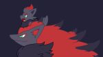  black_background bright_pupils closed_mouth commentary_request evolutionary_line fang green_eyes jaho on_head open_mouth pokemon pokemon_(creature) pokemon_on_head simple_background smile tongue white_pupils zoroark zorua 