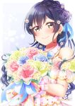  1girl absurdres bangs bare_shoulders blue_flower blue_hair blush bouquet braid commentary_request dress earrings flower hair_bun hair_ornament highres holding holding_bouquet jewelry long_hair looking_at_viewer love_live! love_live!_school_idol_project nota_ika red_flower simple_background smile solo sonoda_umi swept_bangs upper_body wedding wedding_dress yellow_eyes yellow_flower 